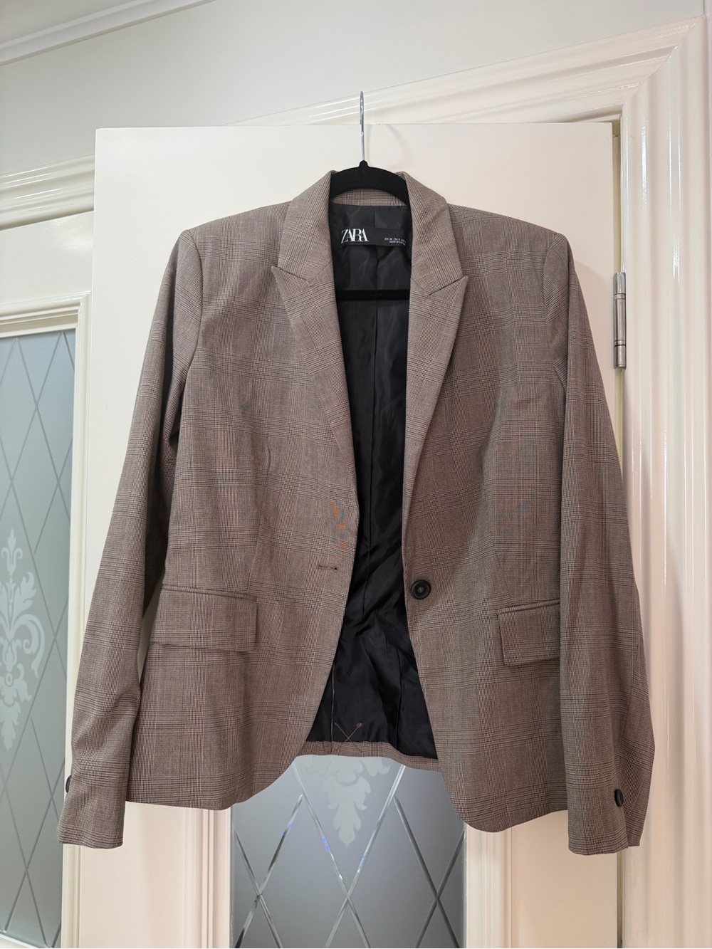 ZARA Women’s Taupe Glen Plaid Single-Button Blazer